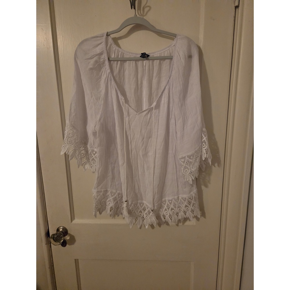 Blue Spect White Crochet Lace Trim Peasant Blouse Bell Sleeve Boho Top 1X